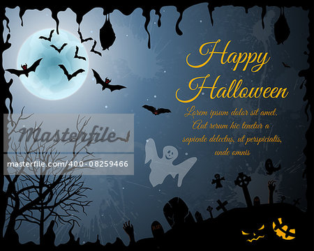 Happy Halloween Greeting Card. Elegant Design With Bats, Spooky, Grave, Cemetery, Tree and Moon  Over Orange Grunge Starry Sky Background With Ink Blots. Vector illustration.