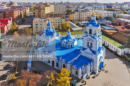 Tyumen, Russia - September 24, 2014: Aerial view on Znamensky church from helicopter