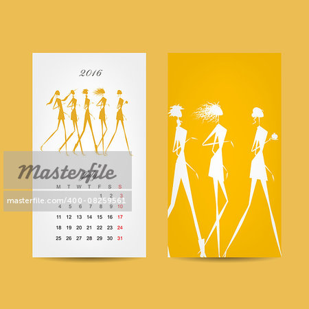 Calendar 2016 grid. Fashion girls design. Vector illustration