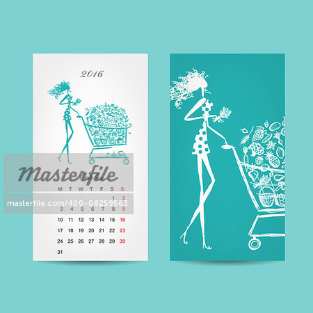 Calendar 2016 grid. Fashion girls design. Vector illustration