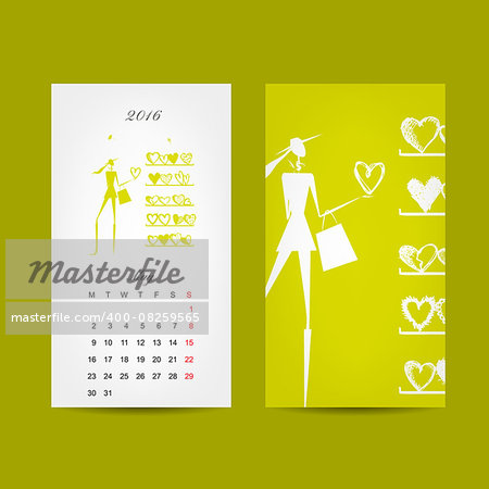 Calendar 2016 grid. Fashion girls design. Vector illustration