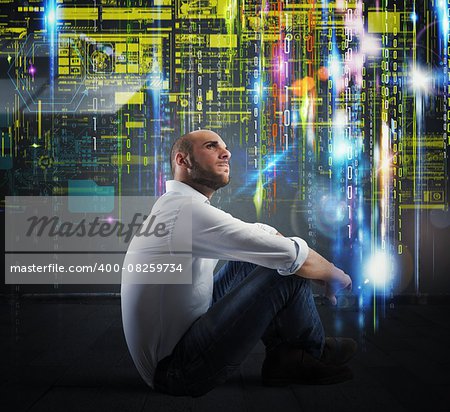 Man sitting with background of binary codes