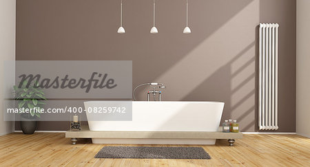 Contemporary bathroom with elegant bathtub and vertical heater on brown wall - 3D Rendering