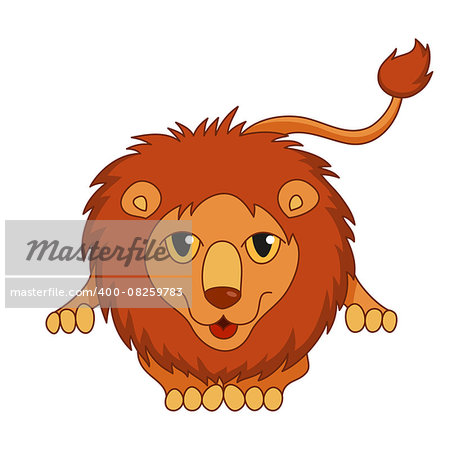 Cute cartoon smiling lion lying with fluffy mane and kind muzzle, lion laughing and stretching. Vector illustration