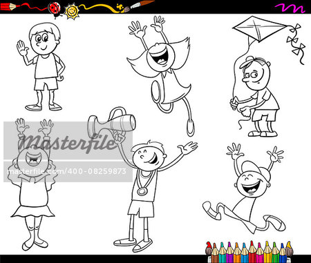 Black and White Cartoon Illustration of Cute Little Boys and Girls Children Characters Set for Coloring Book