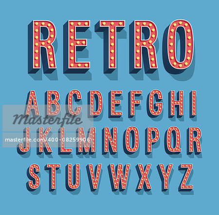 Retro font with light bulbs. Vector illustration.