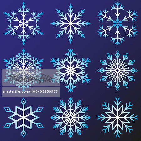 Set of nine snowflakes. Vector, isolated objects
