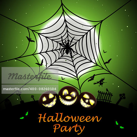 Happy Halloween Greeting (Invitation)  Card. Elegant Design With Smiling Pumpkin in Front of Moon and Spider With Web Over Grunge Green Background. Vector illustration.