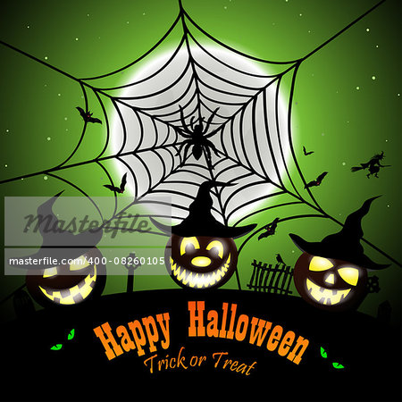 Happy Halloween Greeting (Invitation)  Card. Elegant Design With Smiling Pumpkin in Front of Moon and Spider With Web Over Grunge Green Background. Vector illustration.