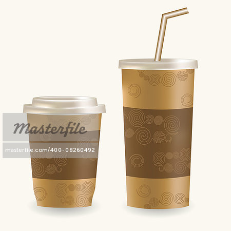 Plastic coffee cup ans disposable cup for beverages with straw over white background. Vector illustration