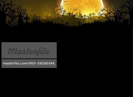 Halloween background with black night, a cemetery and a huge moon