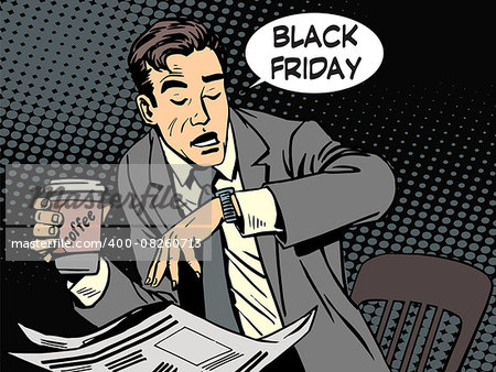 Black Friday businessman in cafe pop art retro style