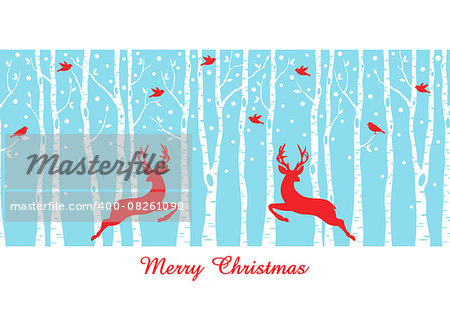 Reindeers in birch tree forest, seamless vector pattern, Christmas card
