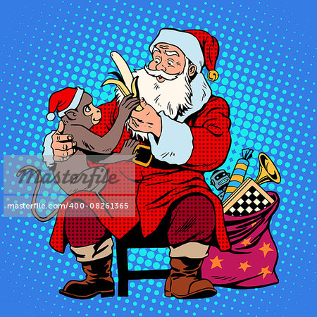 santa claus monkey symbol new year 2016 pop art retro style. Christmas character with the animal on his knees. Gives the monkey a banana