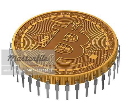 Bitcoin Microchip On White Background. 3D Model.