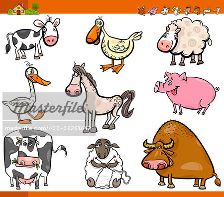 Cartoon Illustration Set of Funny Farm Animal Characters