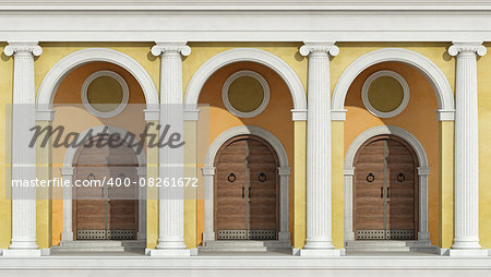 Classic colonnade with three wooden front doors - 3D Rendering