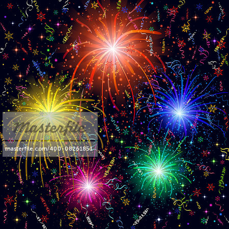 Firework, bright color flashes, sparks, stars and streamers on black background, element for web holiday design. Eps10, contains transparencies. Vector