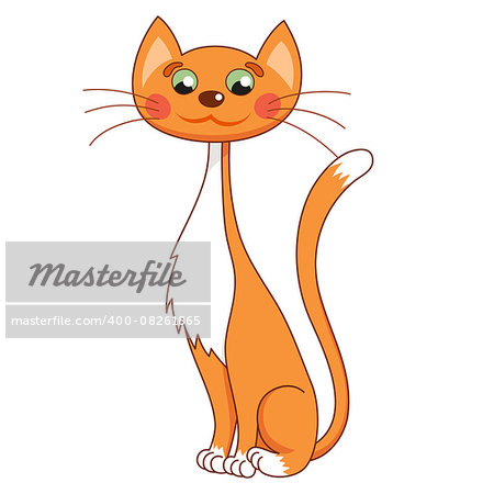 Cartoon lean kitty, vector illustration of funny cute thin red cat with kind muzzle, cat smiling and sitting