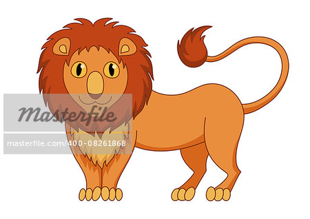 Cute modest cartoon lion with fluffy mane and kind muzzle, lion smile and look. Vector illustration