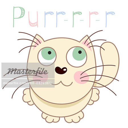 Cartoon smiling gentle beige kitty, vector illustration of cute cream purring cat sitting and looking to camera, caressing missed lonely kitten