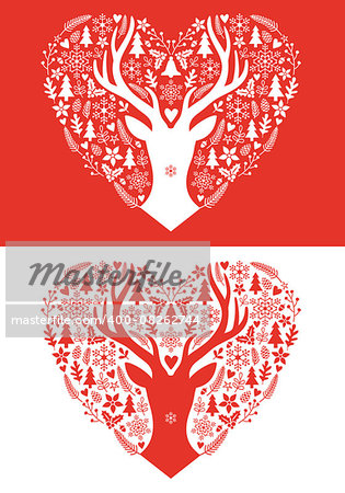 Christmas card with red heart, deer antlers and hand-drawn ornaments, vector illustration