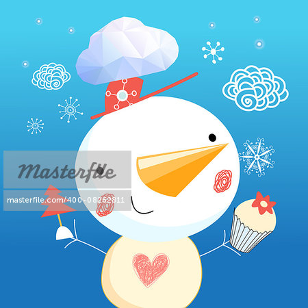 bright funny card with a snowman on a blue background with snowflakes