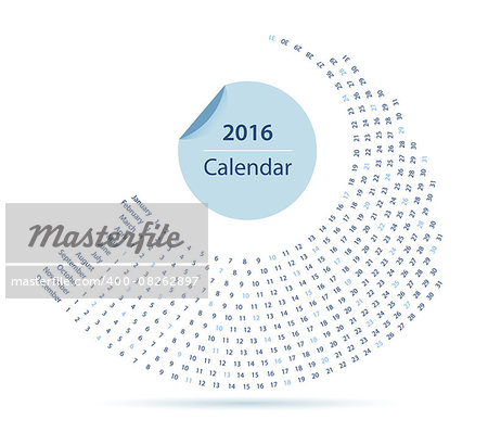 Simple 2016 year circle calendar in blue