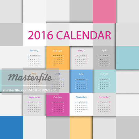 Simple 2016 year flat square calendar in bright colors