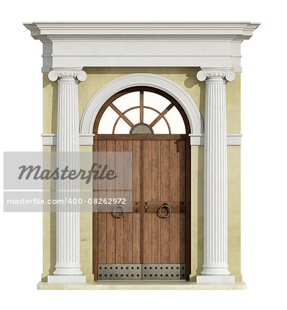 Front view of a classic portal in ionic order  with wooden door isolated on white - 3D Rendering