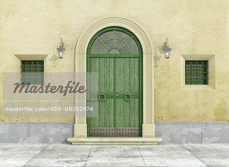 Detail of an old facade with green doorway and two little windows - 3D Rendering