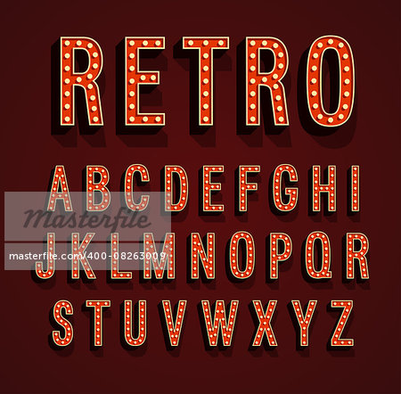 Retro font with light bulbs. Vector illustration.