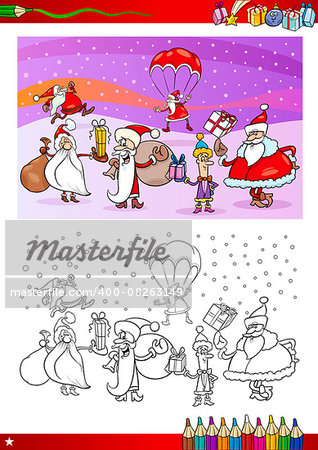 Cartoon Illustration of Santa Claus Characters Group on Christmas Time for Coloring Book