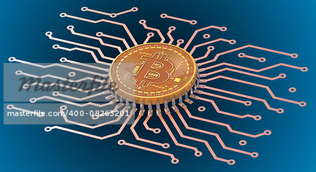 Bitcoin Circuit Over Blue Background. 3D Scene.