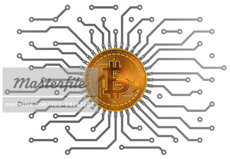 Bitcoin Circuit Over White Background. 3D Scene.