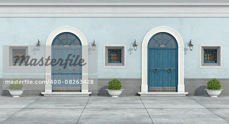 Blue old facade with two wooden doorway and little windows - 3D Rendering