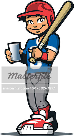 Smiling Baseball Softball Player With Bat, Batter's Helmet and a Drink