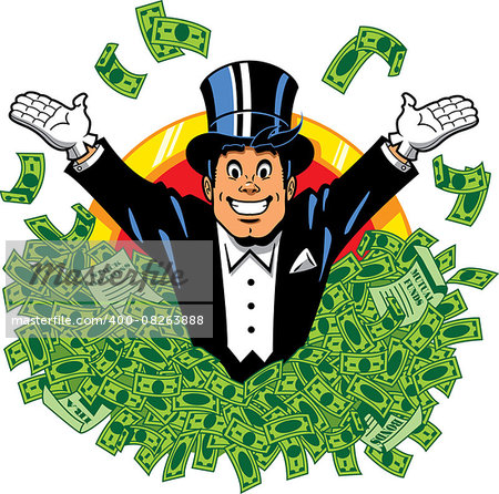 Rich wealthy happy millionaire billionaire with top hat and tuxedo surrounded by money.