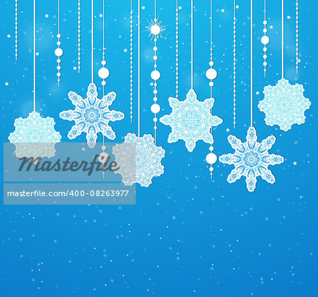 Blue vector Christmas background with beads and snowflakes