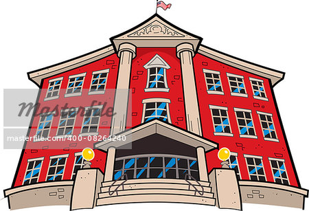 Large Imposing Red Brick School Building with American Flag