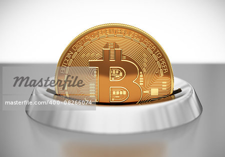 Putting Bitcoin Into Coin Slot. 3D Scene.