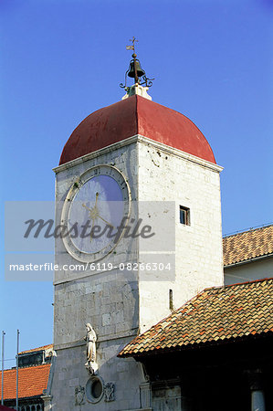 The clock tower on the 15th century Town Hall, Trogir, UNESCO World Heritage Site, Dalmatia, Croatia, Europe
