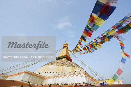 Pigeons and prayer flags on Boudha Stupa (Chorten Chempo), Boudhanath, Kathmandu, Nepal, Asia