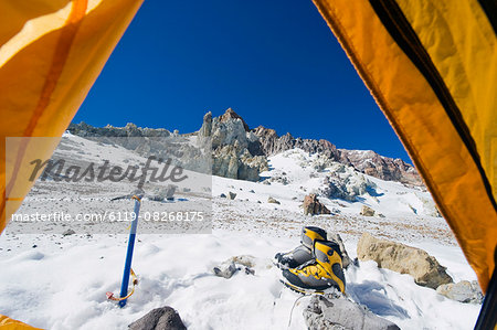 Looking out of a tent at White Rocks campsite, Piedras Blancas, 6200m, Aconcagua 6962m, highest peak in South America, Aconcagua Provincial Park, Andes mountains, Argentina, South America