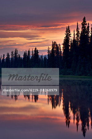 Sunset at an unnamed lake near Salmo Lake, Alaska Highway, Yukon Territory, Canada, North America