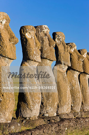 Row of monolithic stone Moai statues known as Ahu Akivi, Rapa Nui (Easter Island), UNESCO World Heritage Site, Chile, South America Row of monolithic stone Moai statues known as Ahu Akivi, Rapa Nui (Easter Island), UNESCO World Heritage Site, Chile, South America