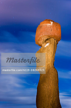 Moai statue Ahu Ko Te riku, the only topknotted and eyeballed Moai on the Island, Rapa Nui (Easter Island), UNESCO World Heritage Site, Chile, South America