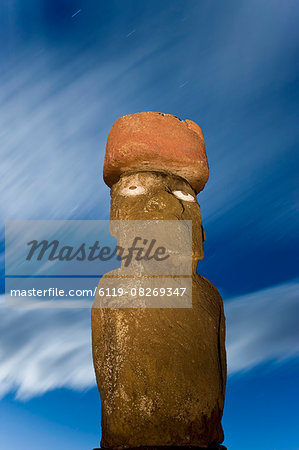 Moai statue Ahu Ko Te riku, the only topknotted and eyeballed Moai on the Island, backlit by moonlight, Rapa Nui (Easter Island), UNESCO World Heritage Site, Chile, South America Moai statue Ahu Ko Te riku, the only topknotted and eyeballed Moai on the Island, backlit by moonlight, Rapa Nui (Easter Island), UNESCO World Heritage Site, Chile, South America