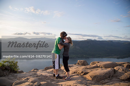 Couple having fun on hill, Angel's Rest, Columbia River Gorge, Oregon, USA