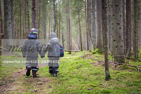 Children walking in forest